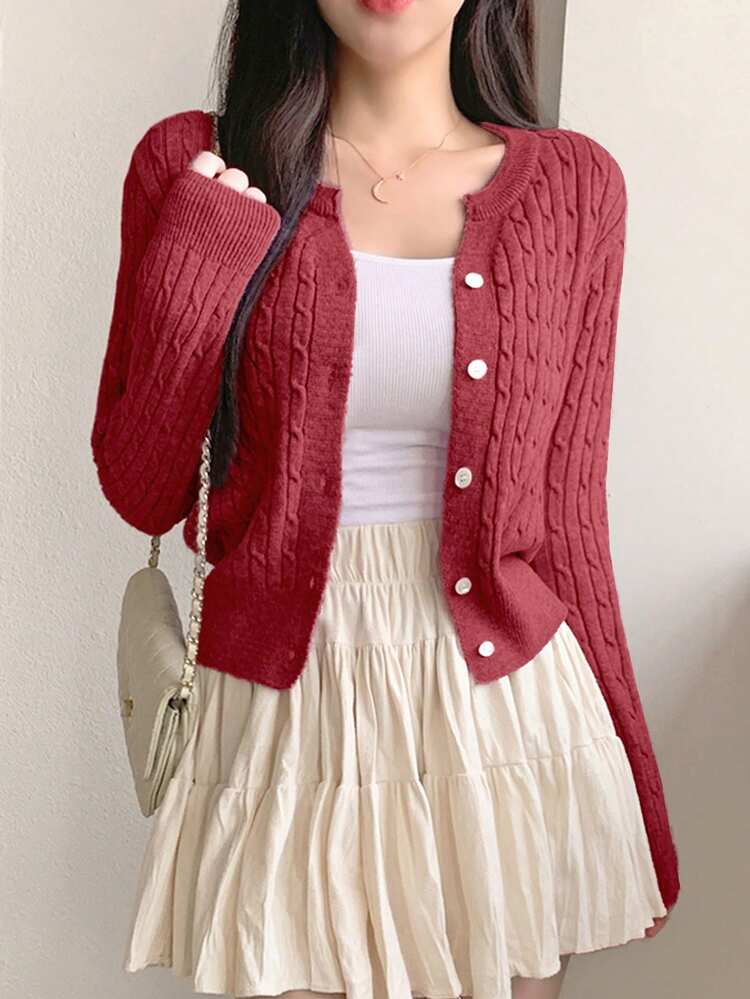 Women Plain Color Button Up Front Cable Knit Cardigan, Casual Everyday Wear, Autumn/Winter