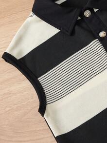 SHEIN 男童条纹无袖 Polo 衫，配纽扣半开襟针织背心和松紧腰休闲短裤套装，夏季 - 黑與白 - 查看 4