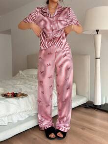 Dream Adore Bộ đồ ngủ ngắn tay cổ nơ kẻ sọc bằng lụa giả dành cho nữ - Màu Đỏ Sâu - Xem 7