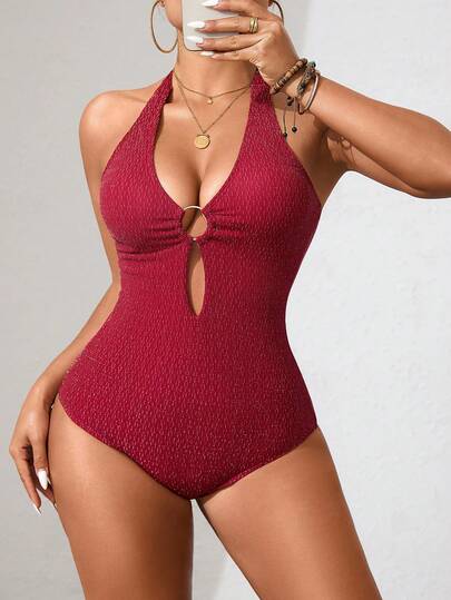 Livesso Women's Elegant Sexy Red Polka Dot One-Piece Halter Backless Tie-Up Swimsuit, Suitable For Spa, Resort, Beach