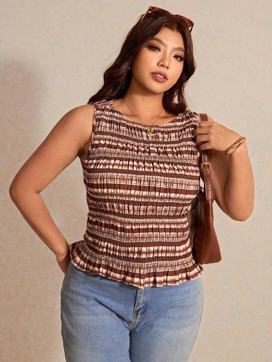 Elaquor Plus Size Summer Casual Striped Slim Fit Tank Top Spring/Summer Top For Women Going Out Top For Women Spring/Summer Casual Elegant Vacation Top, Summer Tops - Brown - View 1