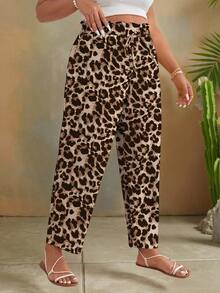 Travachic Plus-Size Women's Leopard Print Loose Striped Casual Pants With Drawstring Waistband And Ruffled Hem. - Brown - View 5
