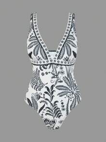 Swim Vcay Women's Summer White Floral One-Piece Swimsuit,Boho Elegant Black And White Thick Strap Avant-Garde Minimalist Beach Vacation Holiday Party Swimwear - Multicolor - View 4