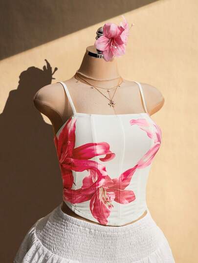 SHEIN ICON Plus Size Women's Spring/Summer Retro Sexy Elegant Casual Fashionable Individualistic Pure And Delicate Millennial Style Y2K Beach Vacation Party Lily Print Curved Hem White Simple Fishbone Suspender