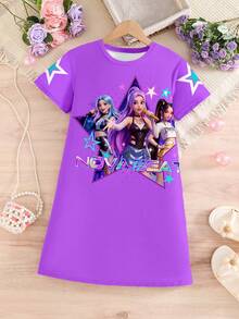 Digital Print Idol Girl Group Tee Dress, Fashionable Casual, Suitable For Tween Girls In Spring/Summer - Multicolor - View 2