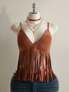 SHEIN ICON 大码流苏V领吊带背心，音乐节穿搭 - 棕色 - 查看 8