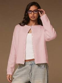 Athîral Áo khoác cardigan dệt kim dài tay đơn sắc tối giản dành cho nữ, thích hợp cho mùa Thu/Đông. - Màu Hồng baby - Xem 5