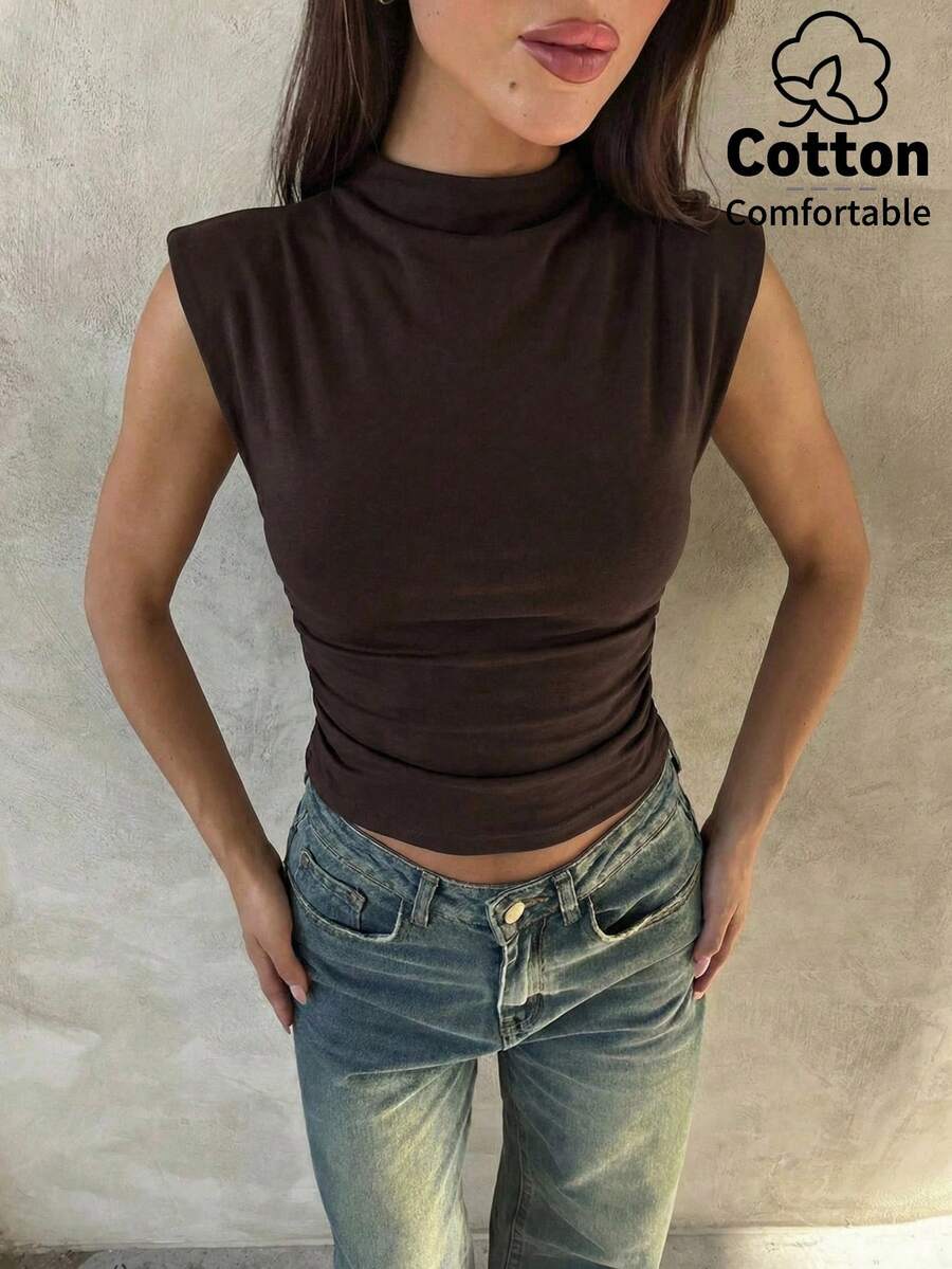 Aloruh Áo thun nữ chất liệu cotton nguyên chất, kiểu dáng thanh lịch, thích hợp mặc thường ngày, mùa hè, áo croptop, áo khoác ngoài màu nâu.