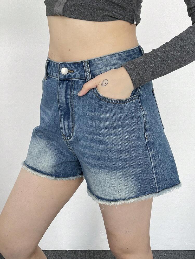 Graphic Print Distressed Hem Straight Leg Casual Vacation Denim Shorts For Women, Summer Jorts