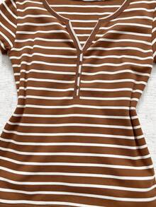 Glimmora Áo thun nữ cổ chữ V kẻ sọc, dáng ôm, thích hợp mặc hàng ngày. - Màu nâu Sô-cô-la - Xem 4