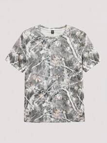 Open Phase 男士宽松版型枯枝迷彩印花 T 恤，休闲时尚，适合日常穿着 - 灰色 - 查看 1