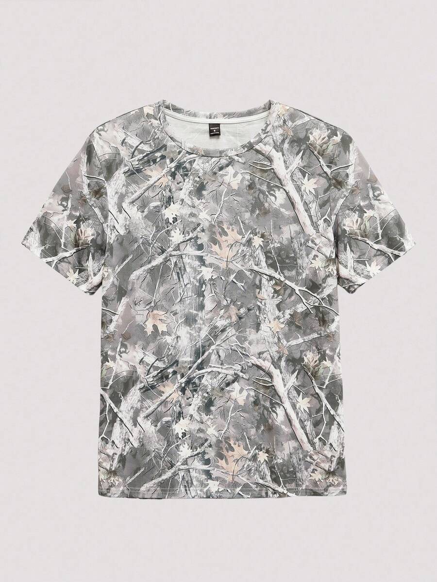 Open Phase 男士宽松版型枯枝迷彩印花 T 恤，休闲时尚，适合日常穿着 - 灰色 - 查看 1