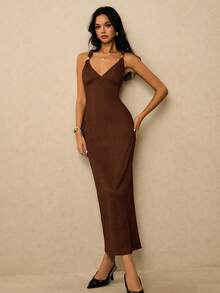 Poéselle Women's Casual Elegant Textured Backless Dress, Summer - Coffee Brown - View 7