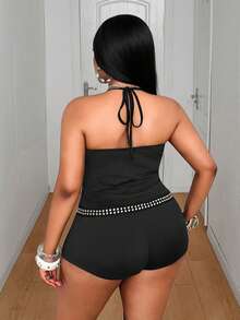 Maweii 大码全黑银色圆环Y2K坏女孩风格露背露脐上衣和高腰短裤两件套，黑色套装，Y2K美学，金属圆环，适合夜店、酒吧、派对、音乐节等场合。 - 黑色 - 查看 4