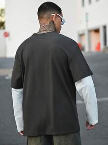 男士针织休闲日常年轻一代英文印花拼接宽松长袖T恤，夏季、上学、秋季、情侣装 - 灰色 - 查看 2