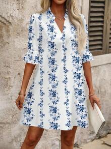 EMERY ROSE Blue & White Floral Plus Size Dress, Suitable For Summer - Multicolor - View 4