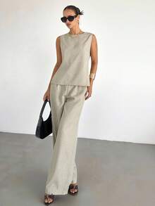 Siren Gaze 2件套亚麻女士夏季新款露背蕾丝拼接吊带背心和阔腿裤套装 - 杏色 - 查看 4