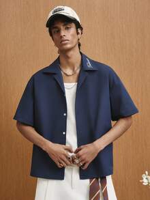 TOKVUE Men's Letter Embroidered Short Sleeve Single-Breasted Casual Shirt - Navy Blue - View 5