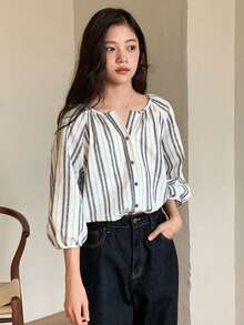 DAZY 少女条纹单排扣休闲百搭日常衬衫 - 黑與白 - 查看 3