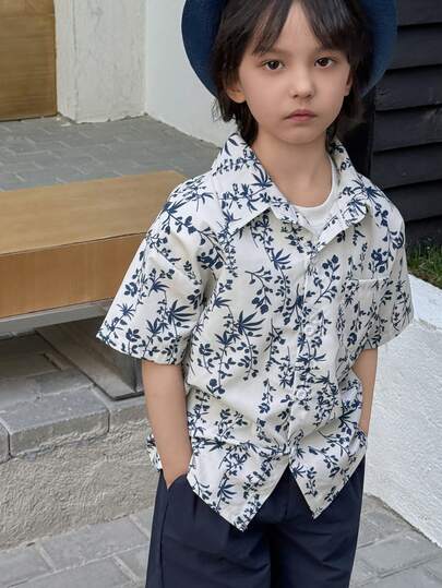 DAZY 男童休闲度假风宽松印花大码衬衫，夏季