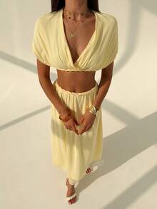 Aloruh 春夏新款优雅浪漫约会情人节婚礼派对度假两件套：深V领扭结露背上衣和低腰扭结半身裙，黄色 - 黃色 - 查看 5