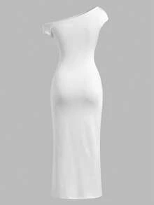 SHEIN Girlism Đầm dệt kim màu trắng cho bé gái tuổi teen, kiểu dáng tối giản, thanh lịch, ôm sát, vai lệch, xếp ly eo, thích hợp cho ngày Valentine. - trắng - Xem 2