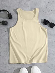 Manfinity Dauomo Men's Casual Solid Color Round Neck Slim Fit Tank Top, Summer - Apricot - View 3