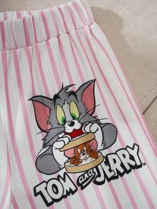TOM & JERRY X SHEIN 女童夏季休闲条纹卡通印花短袖衬衫和裤子睡衣套装 - 淺粉色 - 查看 5
