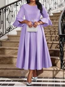 Fleurora 大码女装紫色圆领喇叭袖优雅连衣裙，适合秋冬季优雅派对、婚礼、鸡尾酒会、圣诞节等场合；粉色系带喇叭袖A字连衣裙；大码套装；返校节礼服；生日礼服；秋季女装；教师装；圣诞节缎面连衣裙；婚礼宾客礼服；端庄连衣裙；碎花中长连衣裙；母亲节 - 紫色 - 查看 4