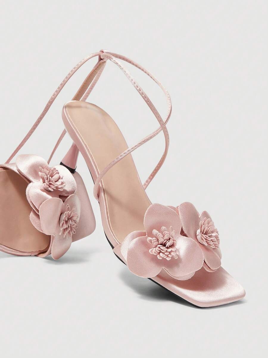 SheIn MOD Giày sandal cao gót nữ kiểu dáng thanh lịch, mũi vuông, gót mỏng, họa tiết hoa cá mòi, màu hồng mùa hè, phong cách La Mã. - Màu Hồng baby - Xem 1