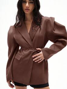 Aveloria GENKIRA Loose Fit Casual Commuter Versatile Extra Wide Shoulder Silhouette Drawstring Decor Solid Color Blazer - Rusty Rose - View 5