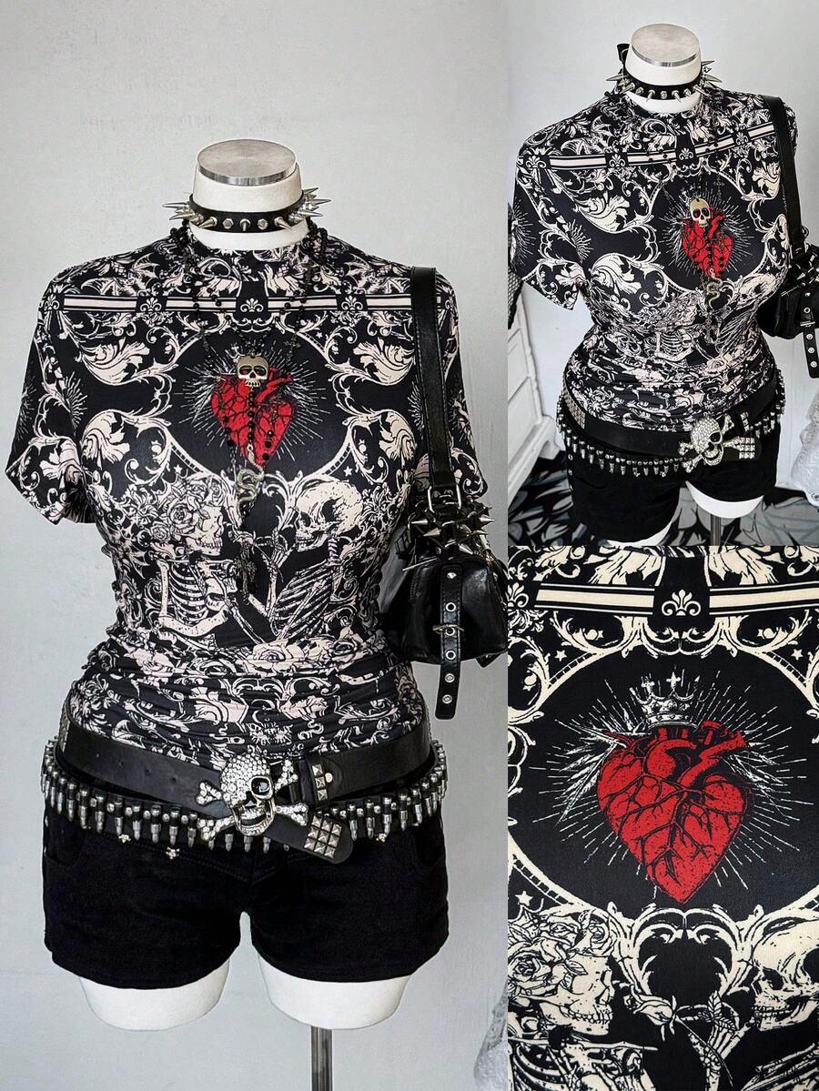 Sunspun 大码女式圆领短袖优雅复古朋克摇滚街头印花撞色针织T恤 - 彩色 - 查看 1