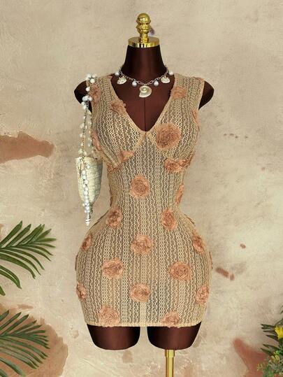 Sunspun 大码时尚镂空V领印花度假连衣裙，春夏款