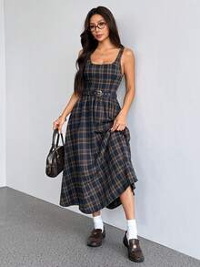 SHEIN PETITE 女士格子吊带连衣裙，教师装，休闲连衣裙，秋季连衣裙，7月4日女士服装，长裙 - 彩色 - 查看 9