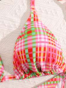 Swim Mod 加大码粉绿格子露背比基尼套装，系带三角罩杯性感泳装，欧美度假风 - 粉色 - 查看 3