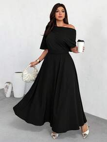 Firerie Đầm cỡ lớn màu trơn, vai lệch, kiểu dáng tối giản, thường ngày. - màu đen - Xem 8