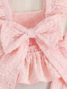 SHEIN 2 piezas Conjunto informal de camisa y pantalones con recorte de volantes y patchwork para niñas preadolescentes - Rosa Pálido - Ver 6