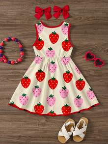 SHEIN Sweet Summer Strawberry Print Dress, Vacation Style, Red Patchwork, Young Girl Casual Minimalist Sleeveless Midi Dress, Suitable For Summer Easy Comfort, Casual Wear SS, Girl Trip, Vacay Vibes, Whimsical, Vacation Kidswear, Young Girl Daily Fashion Girl Strawberry Dress Girl Dress Summer Strawberry Dress Kids Summer Dress For Girls Girls Strawberry Print Dress - Multicolor - View 3