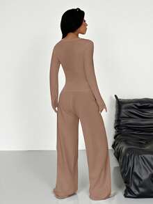 SHEIN EZwear 咖啡棕色针织上衣和裤子女士休闲日常装 - 咖啡棕 - 查看 6