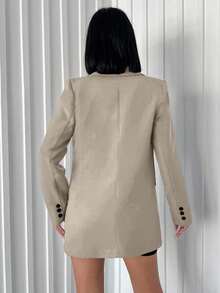 EURMUSE Women's Minimalist Commuting Workwear Solid Color Peak Collar Flap Detail Blazer - Krem - View 2