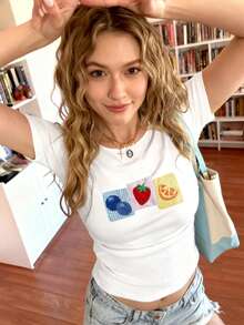 SHEIN Áo thun ngắn tay cổ tròn ôm dáng in hình trái cây phong cách Y2K dành cho nữ - trắng - Xem 4