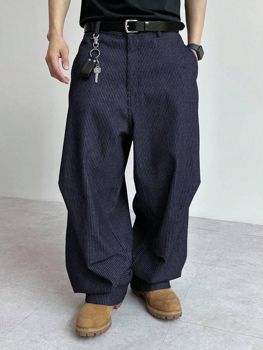DAZY Quần jeans nam dáng rộng cạp thấp, kẻ sọc mùa thu, có dây điều chỉnh ở mắt cá chân. - Màu xanh lam - Xem 1