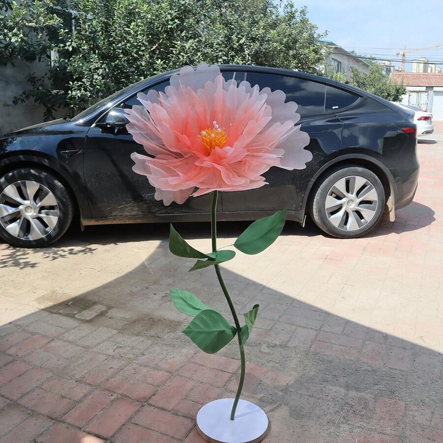 1朵粉色人造牡丹花,手工制作,带珍珠花蕊和花托,超大尺寸花卉装饰,适用于婚礼背景、活动展示和家居装饰 - 彩色 - 查看 1