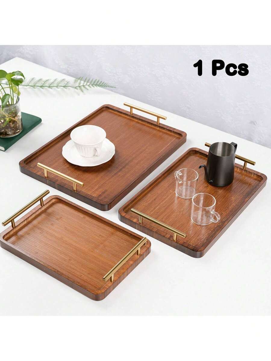 轻奢复古竹制茶盘，商用竹制长方形茶盘，带糕点把手，烧烤用，餐盘 - 棕色 - 查看 1