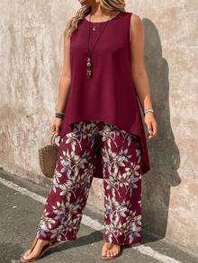 EMERY ROSE Plus Size Women Solid Color Round Neck Top And Wide Leg Pants Casual Everyday Set Fall - Red Violet - View 4