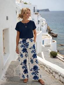 Faunlyn 波西米亚风两件套，含印花长裤和圆领上衣，女士夏季服装，女士阔腿裤，印花阔腿裤，夏季裤装套装，两件套夏季休闲装 - 彩色 - 查看 5