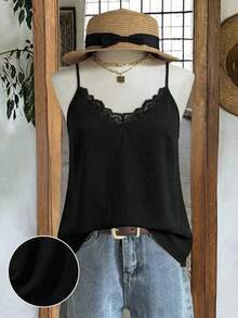 Mellowie 大码女式V领蕾丝拼接黑色底夏季纯色吊带背心，优雅适合度假、约会、派对等场合，时尚百搭。 - 黑色 - 查看 4