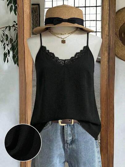 Mellowie Plus Size Women V-Neck Lace Patchwork Black Base Summer Solid Color Camisole, Elegant For Vacation, Date, Party, Fashion