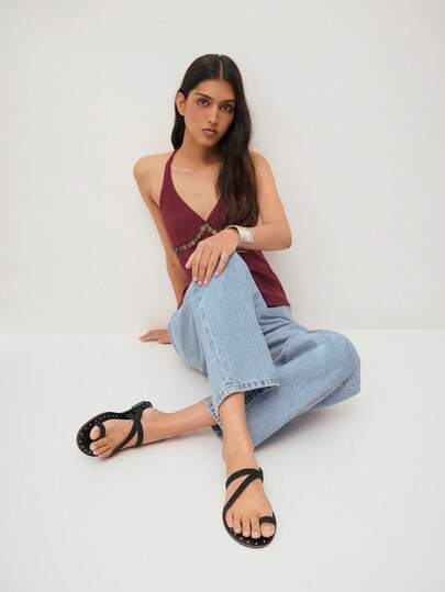 Nöista Studded Flat Sandals With Sleek Cross Straps And Open Toe Design. Easy Slip-On Style Perfect For Beach Vacation Outfits, Casual Summer Looks, And Relaxed Everyday Wear