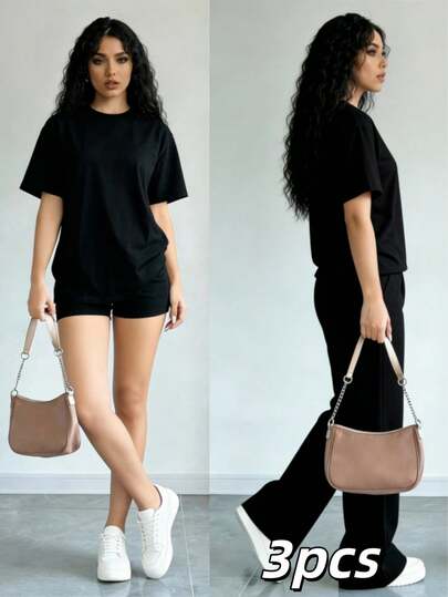 Set de 3 piezas para mujer con camiseta de manga corta de unicolor y pantalones con cordón en la cintura, estilo casual